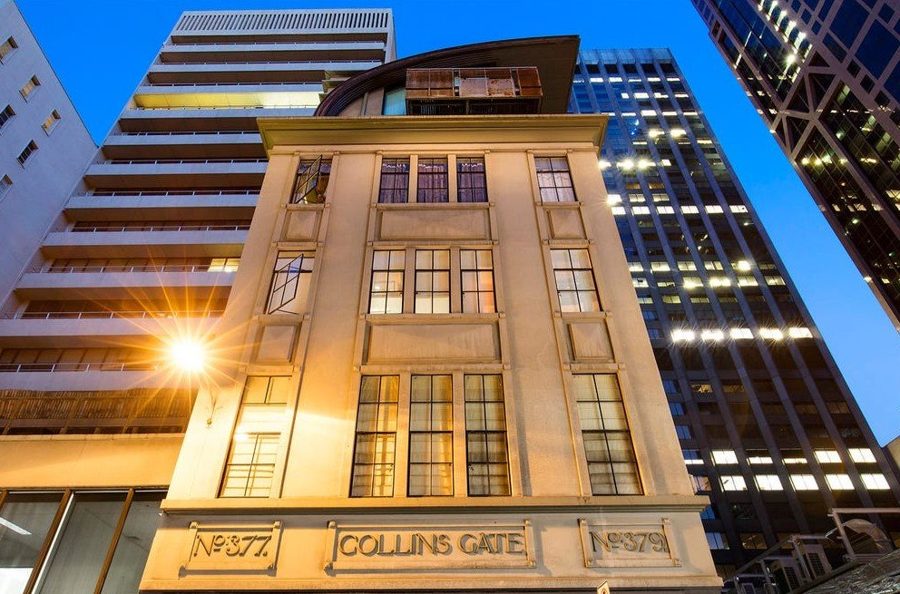 Collins Gate, a heritage facade on Collins Street, at dusk